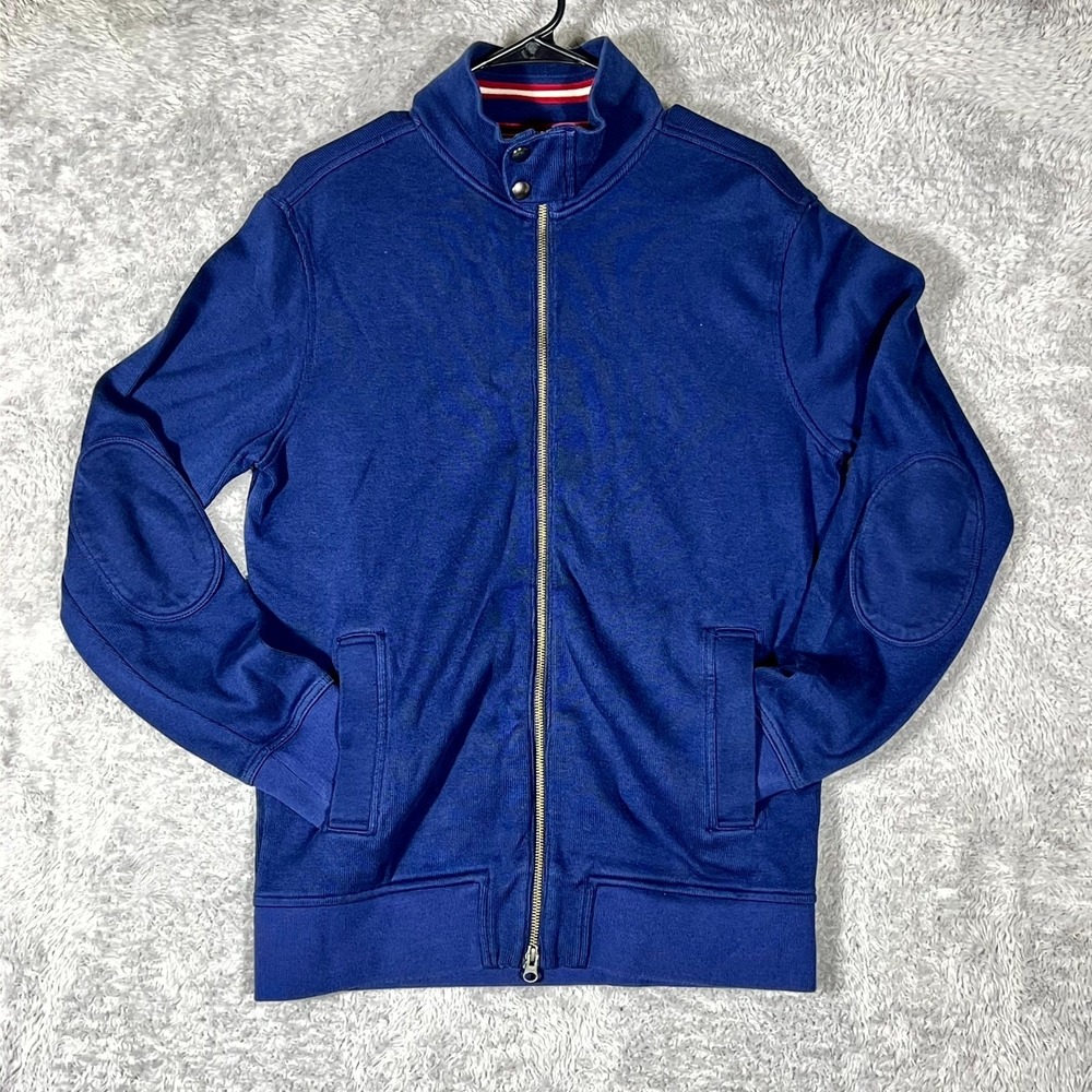Banana Republic Knit Jacket Mens Large Navy Blue‎ Elbow Patch Full Zip Outerwear